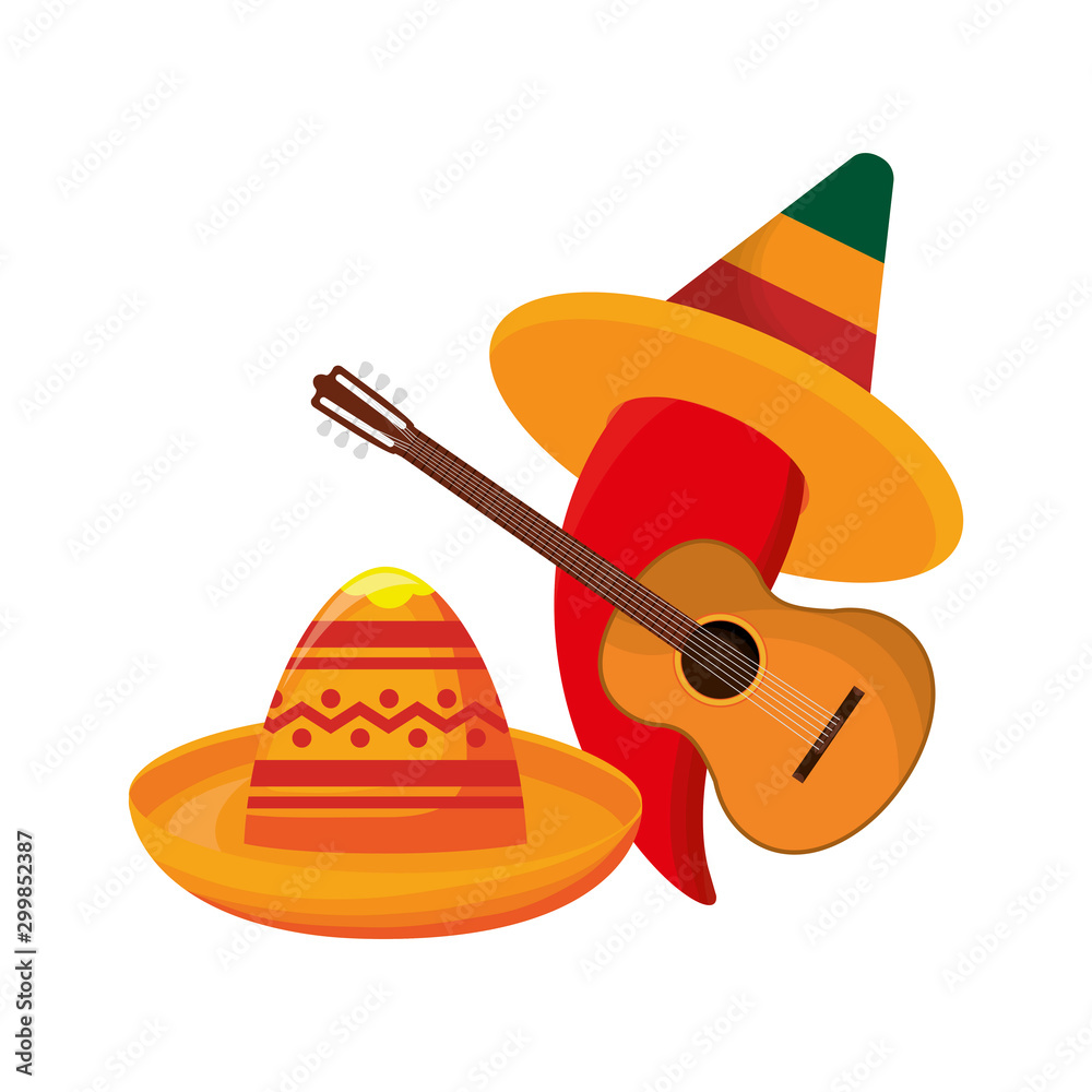 Wall mural chili pepper with hats mexican and guitar