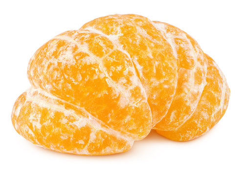 Half of peeled tangerine or orange citrus fruit isolated on white background with clipping path. Full depth of field.