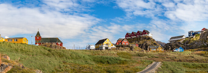Panorama of colorful buildings and houses in Sisimiut, Greenland.