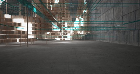 Abstract architectural wood and glass interior from an array of white cubes with neon lighting. 3D illustration and rendering.