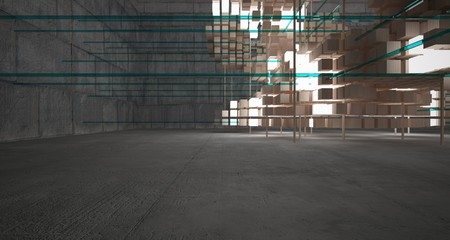 Abstract architectural wood and glass interior from an array of white cubes with neon lighting. 3D illustration and rendering.