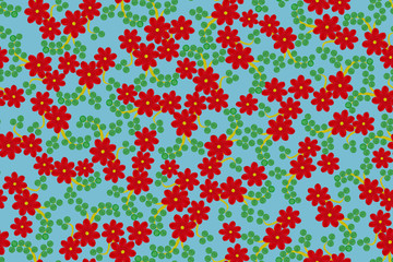 Seamless floral ornament with red flowers on a blue background.