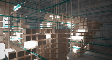 Abstract architectural wood and glass interior from an array of white cubes with neon lighting. 3D illustration and rendering.