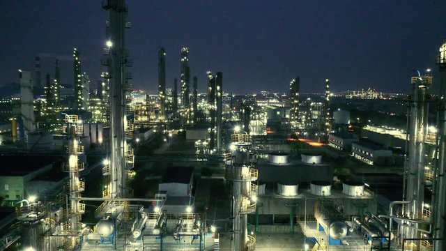 oil refining at night shoot by drone