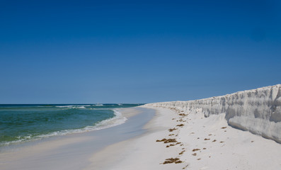 Tropical Gulf Coast ocean beach landscape scene. Beautiful scenic tourist travel destination location. Relaxing Gulf Coast seaside beaches.
