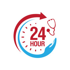 24 hour medical care service vector icon. day/night services button symbol. illustration of 24/7 sign isolated over a white background.