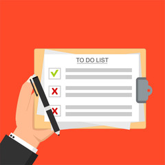 hand of businessman hold clipboard to do lists concept with pen vector illustration template