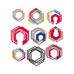 set of modern style geometric hexagonal logo design icon vector element