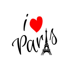 i love paris lettering with Eiffel Tower and love symbol isolated on white background