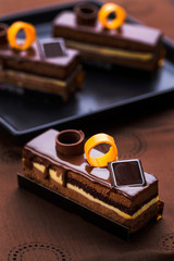 individual pastry cake with chocolate and creme brûlée 