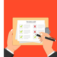 Male hand signing document. Hand filling checklist on clipboard. Form illustration with man signing a paper work document. Modern flat design concept for web banners, web sites, infographics.