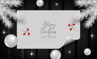 christmas greeting card with realistic decorative elements on wood background