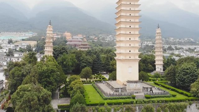 Three Pagodas of Chongsheng Temple near Dali Old Town, Yunnan province, China. (aerial photography)