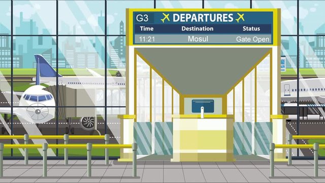 Airport terminal. Departure board above the gate with Mosul text. Travel to Iraq loopable cartoon animation