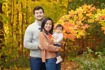 Naklejka na ściany i meble Asian Chinese mother and Caucasian father dad with baby girl in autumn fall park with yellow red tree leaves. Family together outdoor in nature. Seasonal holiday and authentic lifestyle.