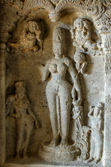 Aurangabad, India - October 28 2019: The rock cut Ellora caves complex near Aurangabad India.