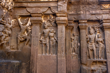 Aurangabad, India - October 28 2019: The rock cut Ellora caves complex near Aurangabad India.