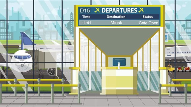 Airport gate. Departure board with Minsk text. Travel to Belarus related loopable cartoon animation