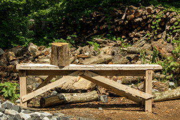 Preparation for the heating season. Chopped wood close-up. Brown colors. Background, texture. Vertical