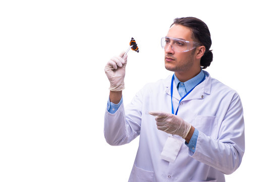 Young student zoologist with butterfly isolated on white