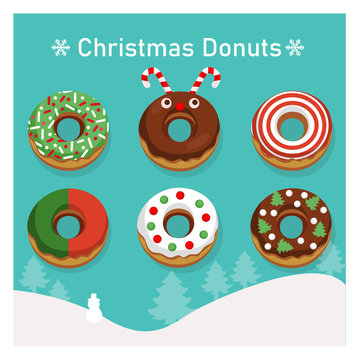 Set of variety colorful donuts in Christmas theme.