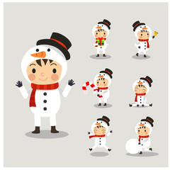 Set of little cute boy in snowman costume. Merry Christmas. Christmas cartoon character vector.