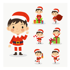 Set of young cute santa claus boy. Merry Christmas. Christmas cartoon character vector.