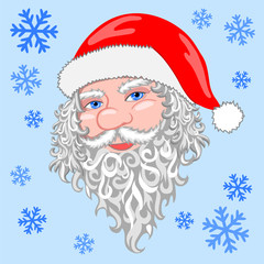 Santa Claus on a blue background with snowflakes.