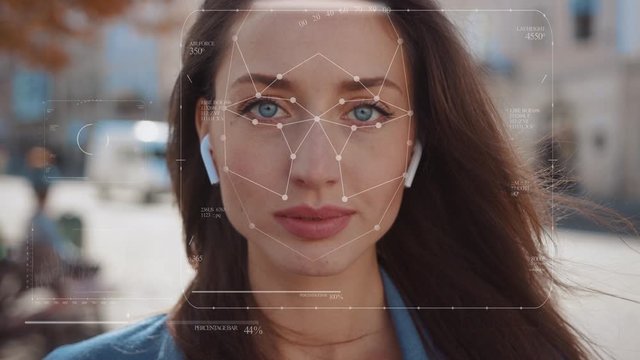 Future. Face Detection. Technological 3d Scanning. Biometric Facial Recognition. Face Id. Technological Scanning Of The Face Of Beautiful Caucasian Woman In The City For Facial Recognition. Shoted By