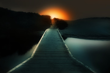 Bridge crossing over water towards a glowing light landscape