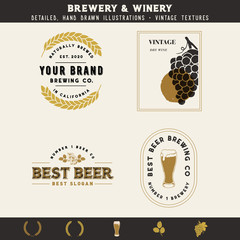 Beer, Liquor and Wine Icons and logo mockups. Textured, hand drawn illustrations.