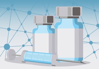 Medicine vials and syringe. Connected lines with dots background. Medical concept.