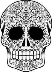 mexican sugar skull with flowers and design elements isolated on white, can be used for coloring book, day of the dead decoration (dia de muertos) tattoo