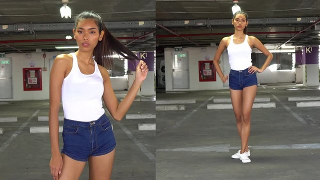Teen model doing 360 degree posing on a split screen as a test for a modeling job - medium and long shots