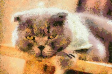 Cute cats in various gestures Illustration creating Impressionist painting.