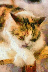 Cute cats in various gestures Illustration creating Impressionist painting.