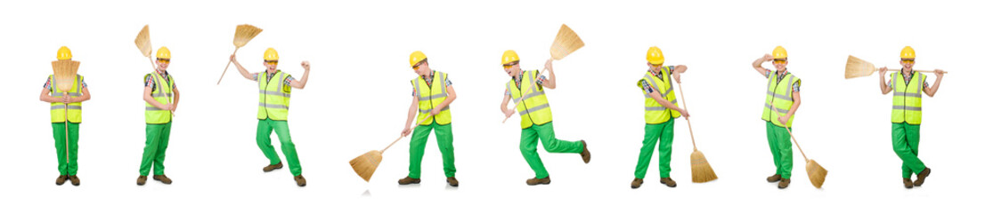 Funny janitor with broom isolated on white