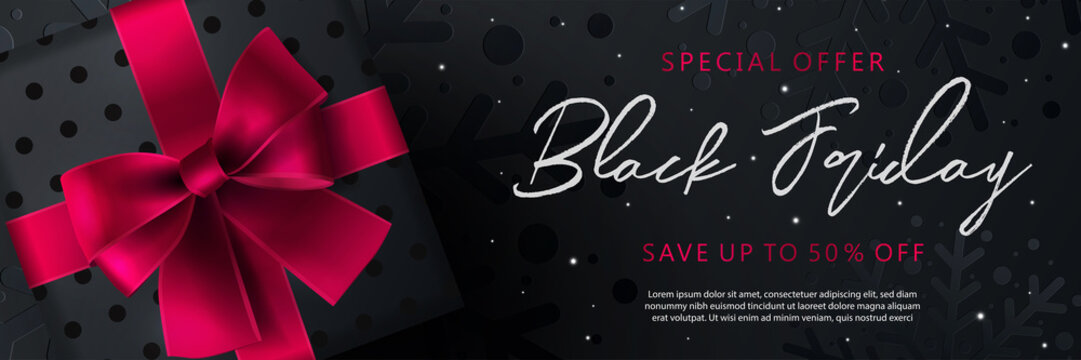 Black Friday Sale banner, poster, flyer design with gift box on black background with sparkles and a texture of snowflakes. Modern design template for advertisement, social and fashion ads