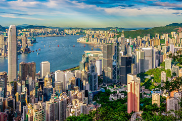 Early evening view of Hong Kong’s Skyline, Victoria Harbor and Kowloon Bay from Victoria Peak, Hong Kong Island.