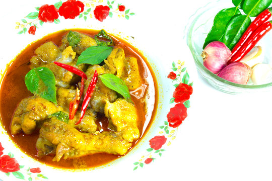 Thai  chicken curry on plate,Thailand tradition red curry with Herb