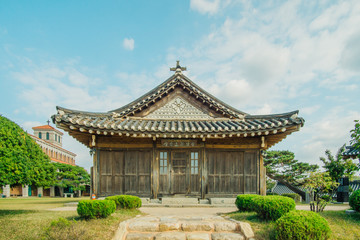 A Cathedral built in Korean traditional architecture style on a fine day.