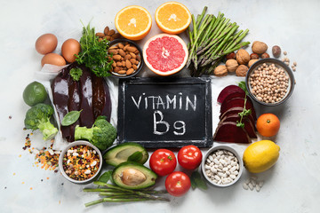 Foods high in vitamin B9 - folic acid. - obrazy, fototapety, plakaty