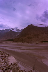 landscape view of the Indus river flowing through Katpana cold desert in Skardu, Gilgit Baltistan, Pakistan.