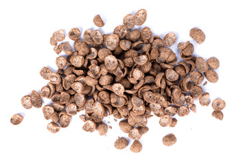 Chocolate cereal on a white background.