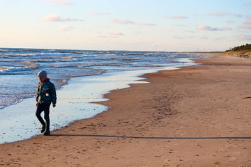 Naklejka premium Young boy walking on the beach in the search of amber, Palanga, Lithuania