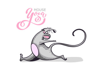 Cartoon character practicing yoga mouse. Positive rat. Illustration for a car or clothes. Vector illustration.