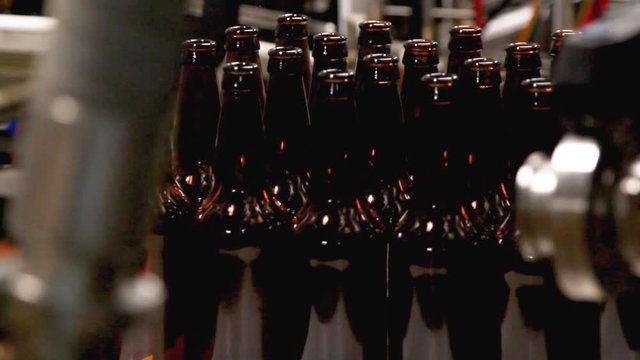 Close up shot of a Caucasian man&rsquo;s hands lifting a cardboard box off of a batch of brown, glass beer bottles that had just been placed on a conveyor belt in a bottling factory.