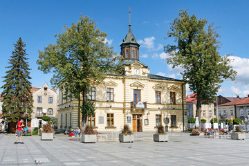 NOWY TARG, POLAND - SEPTEMBER 12, 2019: City hall building and fountain in front of it at the market square - obrazy, fototapety, plakaty