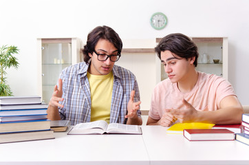 Two male students preparing for exams at home