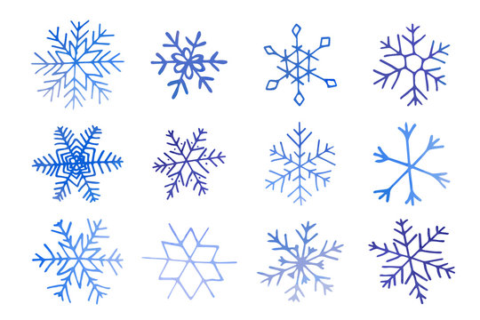 Collection of artistic blue snowflakes with watercolor texture. Stock vector set. Can be used for printed materials, prints, posters, cards, logo. Abstract background. Hand drawn decorative elements. 